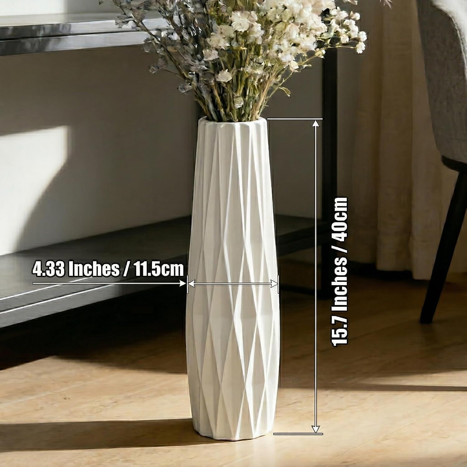 White Tall Ceramic Floor Vase, 15.7 Inch, Ribbed Design | Glossy Glazed Finish, Narrow Corners, Entryway, Bedroom, Compact Spaces