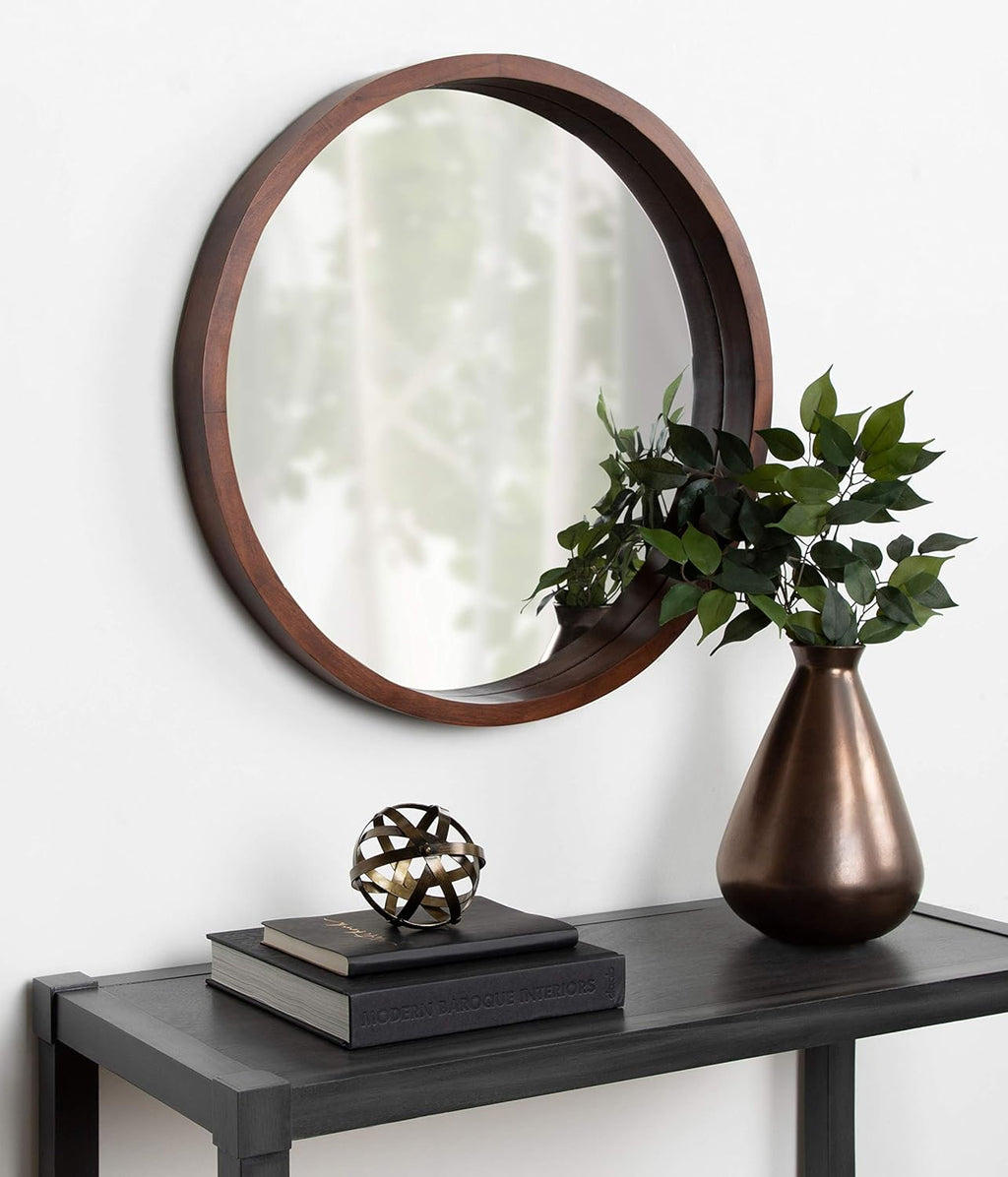 Hutton round Decorative Modern Wood Frame Wall Mirror, 22 Inch Diameter, Walnut Finish
