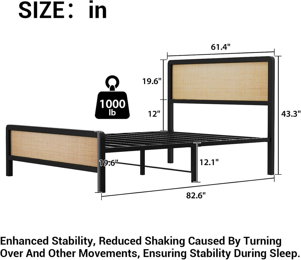 Boho Rattan Queen Size Bed Frame with Headboard & Footboard, Sturdy Black Metal Platform Bed, Natural Rattan Headboard, Under-Bed Storage, No Box Spring Needed, Noise-Free Slat
