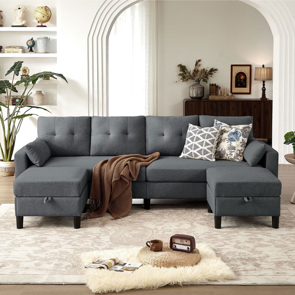 Modern Sectional Sofa with Reversible Chaise, Adjustable Backrest & Armrest, 4-Seat Convertible Couch
