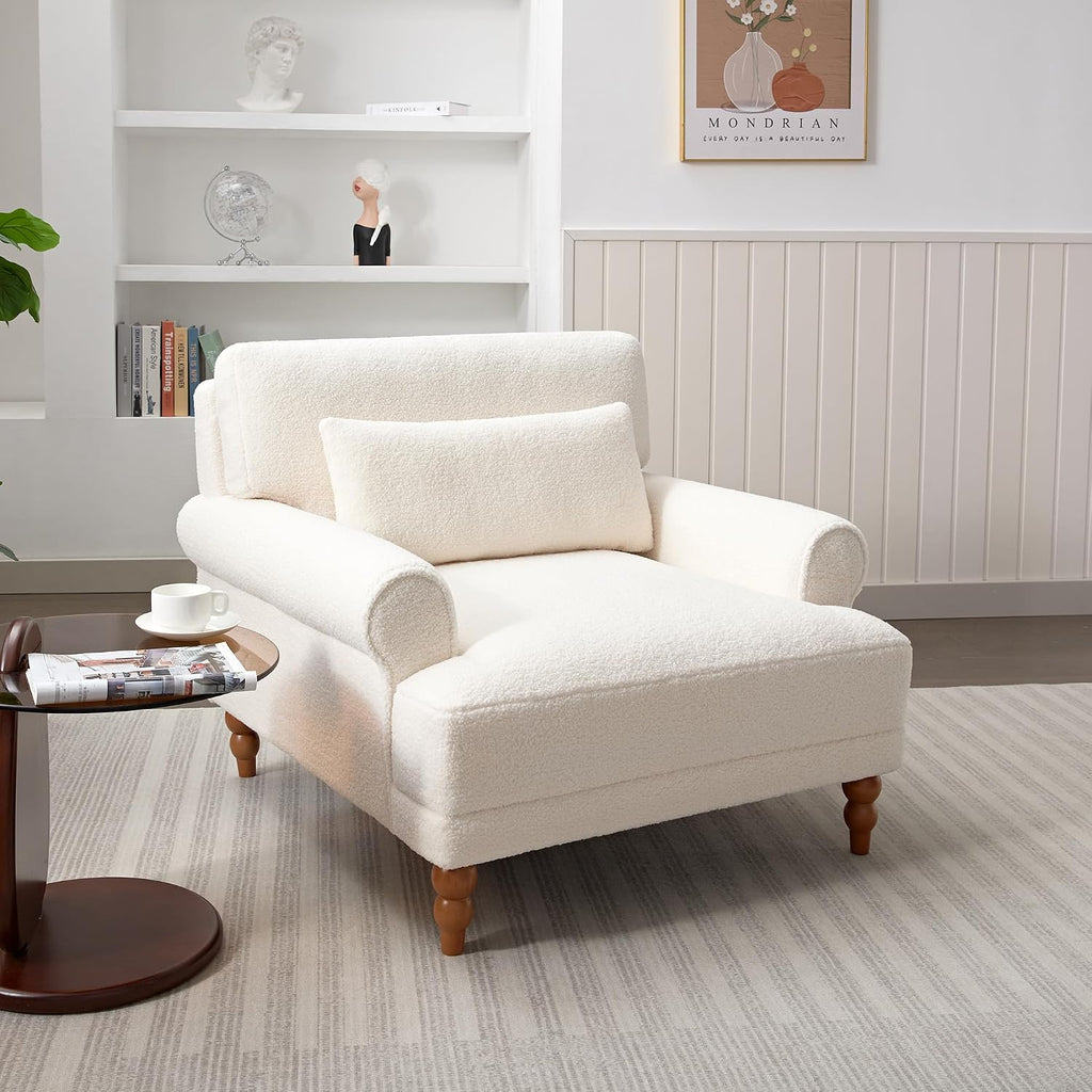 Accent Chair, Boucle Club Chair, Upholstered Lounge Chair, Large Size Armchair Roman Column Legs, Cozy Reading Single Sofa Chair for Living Room, Bedroom, Home Study, White