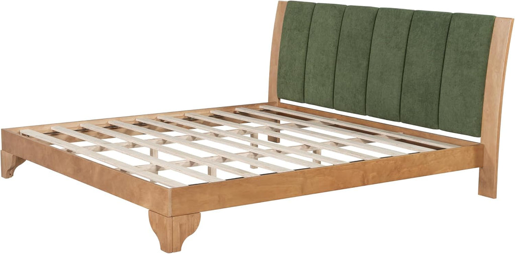 King Size Pine Wood Bed Frame with Headboard, Mid Century Modern Solid Wood Platform Bed Frame King, No Box Spring Needed, Green+Natural