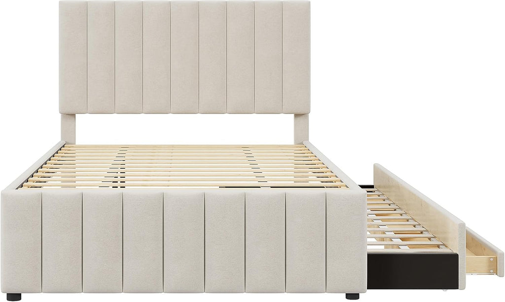 Full Size Bed Frame with Twin Trundle Bed and Storage Drawers,Linen Upholstered Bed Frame,Full Size Trundle Bed with Adjustable Headboard for Kids Teens Adults,Beige