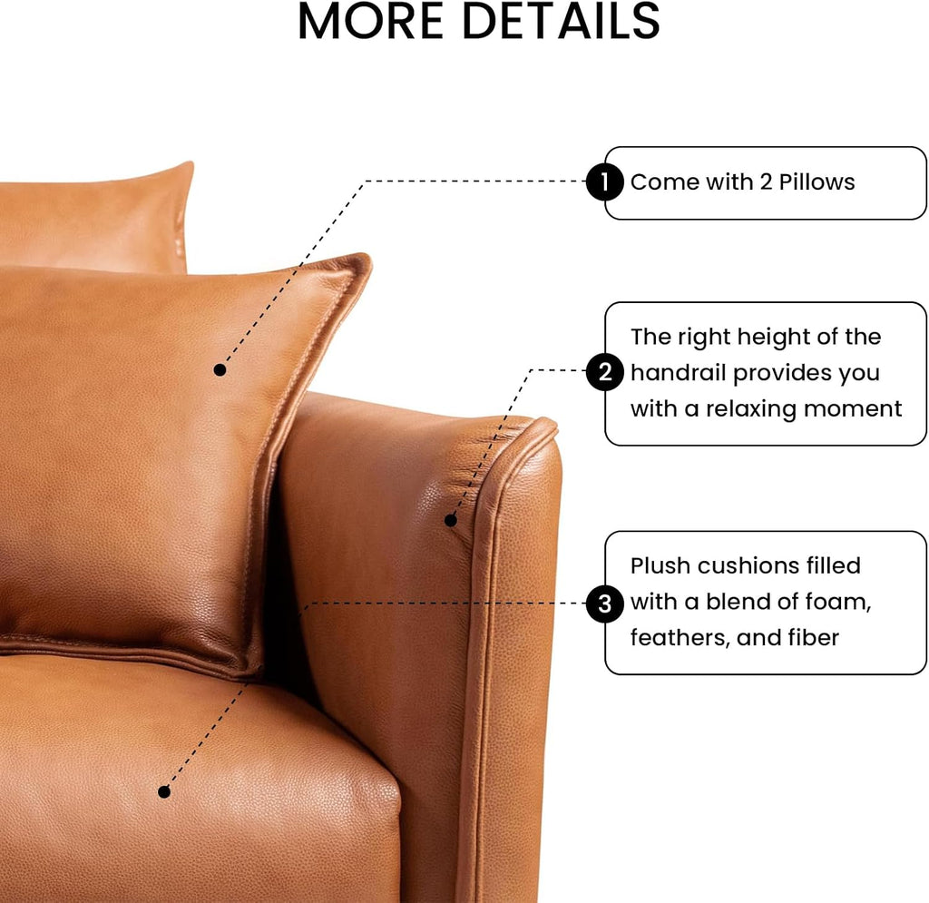 Valencia Jasper 85" Cognac Tan Brown 3 Seater Full Leather Couch | Mid Century Sofa with 2 Pillows for Living Room Furniture | Plush Cushions, Nappa Leather Lounge Couch