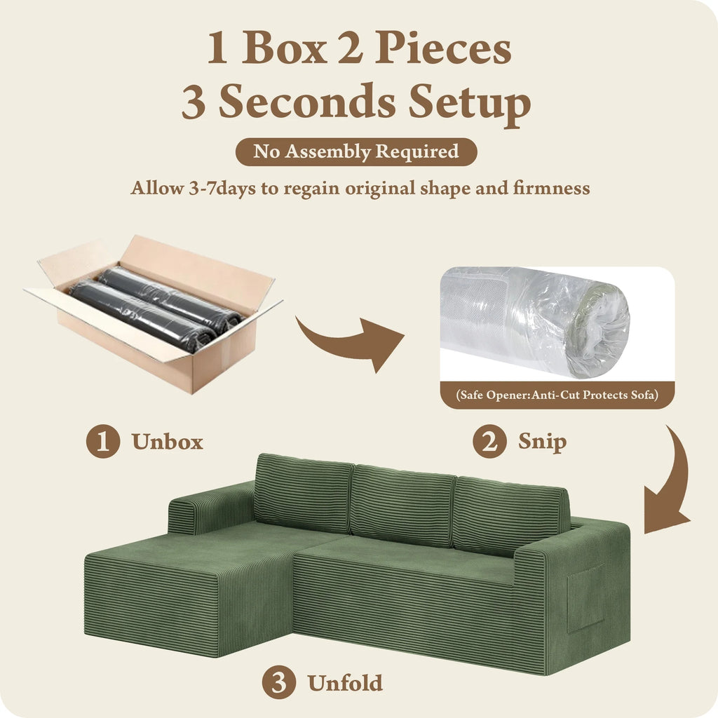 Modular Sectional Sofa Couches L-Shape Couch 3 Seat Modular Sofa Memory Foam Sectional Couches for Living Room, Cloud Couch with Oversized Chaise (Green Stripe, 94.5" Left Facing Chaise)