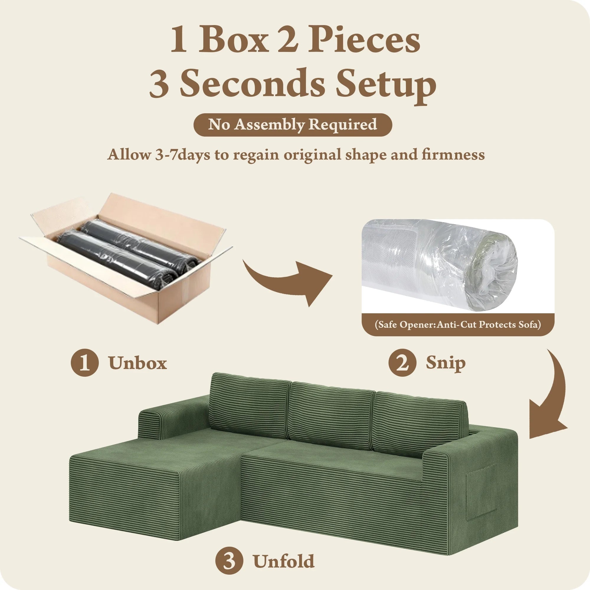 Modular Sectional Sofa Couches L-Shape Couch 3 Seat Modular Sofa Memory Foam Sectional Couches for Living Room, Cloud Couch with Oversized Chaise (Green Stripe, 94.5" Left Facing Chaise)