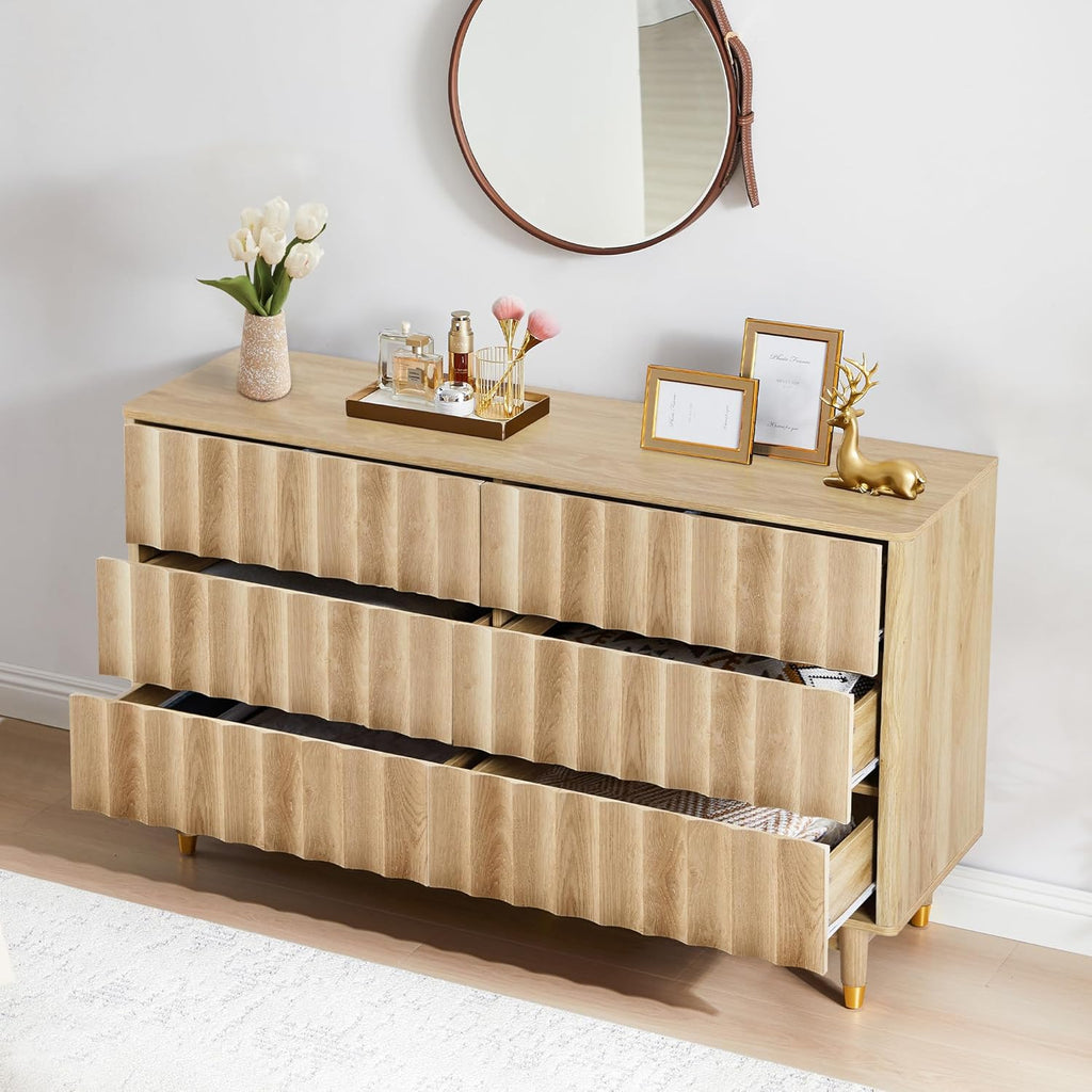 53" Wide Fluted 6 Drawer Dresser | Modern Storage Chest of Drawers, Wood Drawer Organizer for Bedroom, Living Room, Hallway