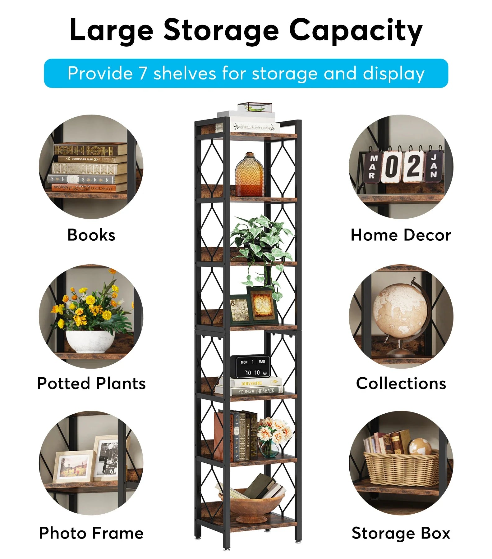 78.7 Inch Extra Tall Narrow Bookshelf, 7 Tier Skinny Bookcase for Small Spaces, Freestanding Display Shelves