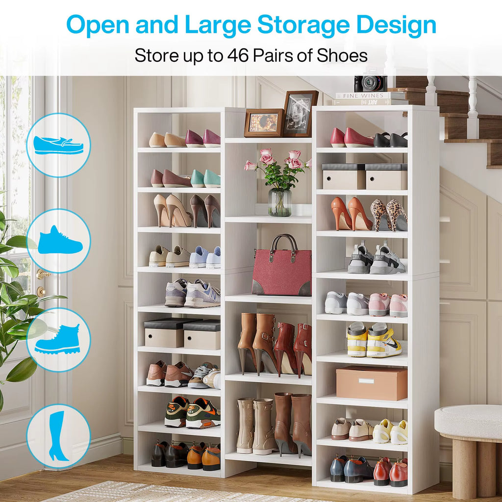 Tribesigns 14-Tier Shoe Rack, Freestanding Tall Shoe Shelf, White Wooden Shoe Storage Cabinet with 22 Open Cubbies, 46 Pairs Wid