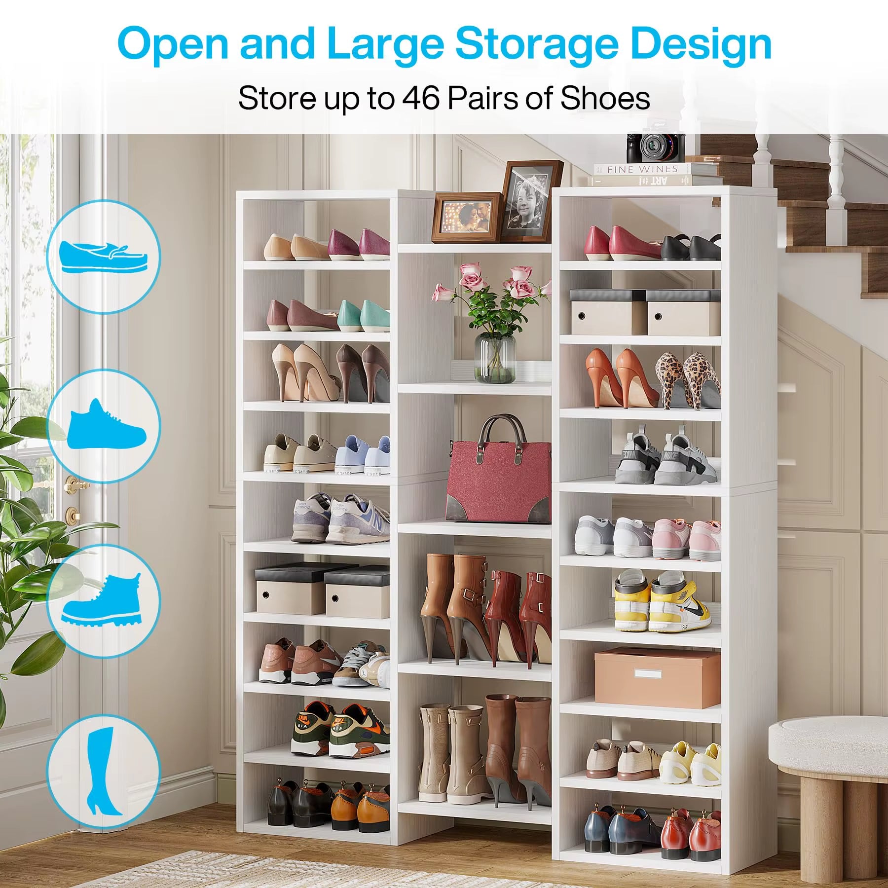 Tribesigns 14-Tier Shoe Rack, Freestanding Tall Shoe Shelf, White Wooden Shoe Storage Cabinet with 22 Open Cubbies, 46 Pairs Wid