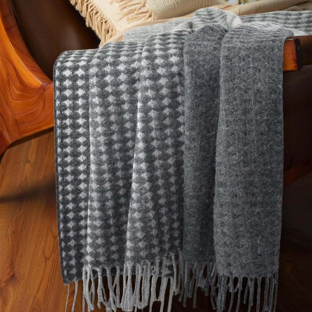 100% Wool Throw Blanket 78 X 47 Inches for Couch Sofa, Reversible Diamond Check Plaid Pattern with Fringe Soft Breathable Cozy Wool Blanket for Living Room and Bed Gray Black Multicolor