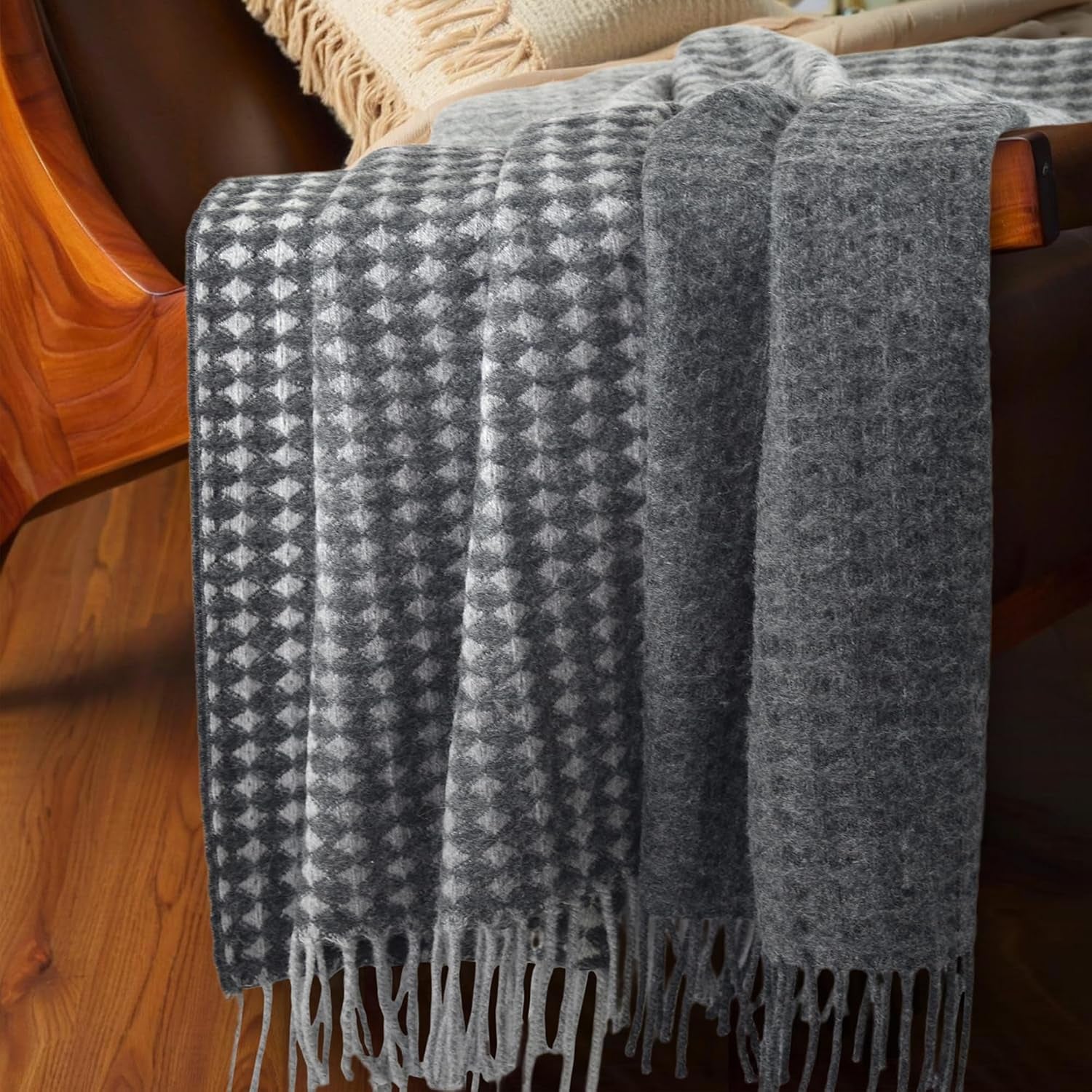 100% Wool Throw Blanket 78 X 47 Inches for Couch Sofa, Reversible Diamond Check Plaid Pattern with Fringe Soft Breathable Cozy Wool Blanket for Living Room and Bed Gray Black Multicolor