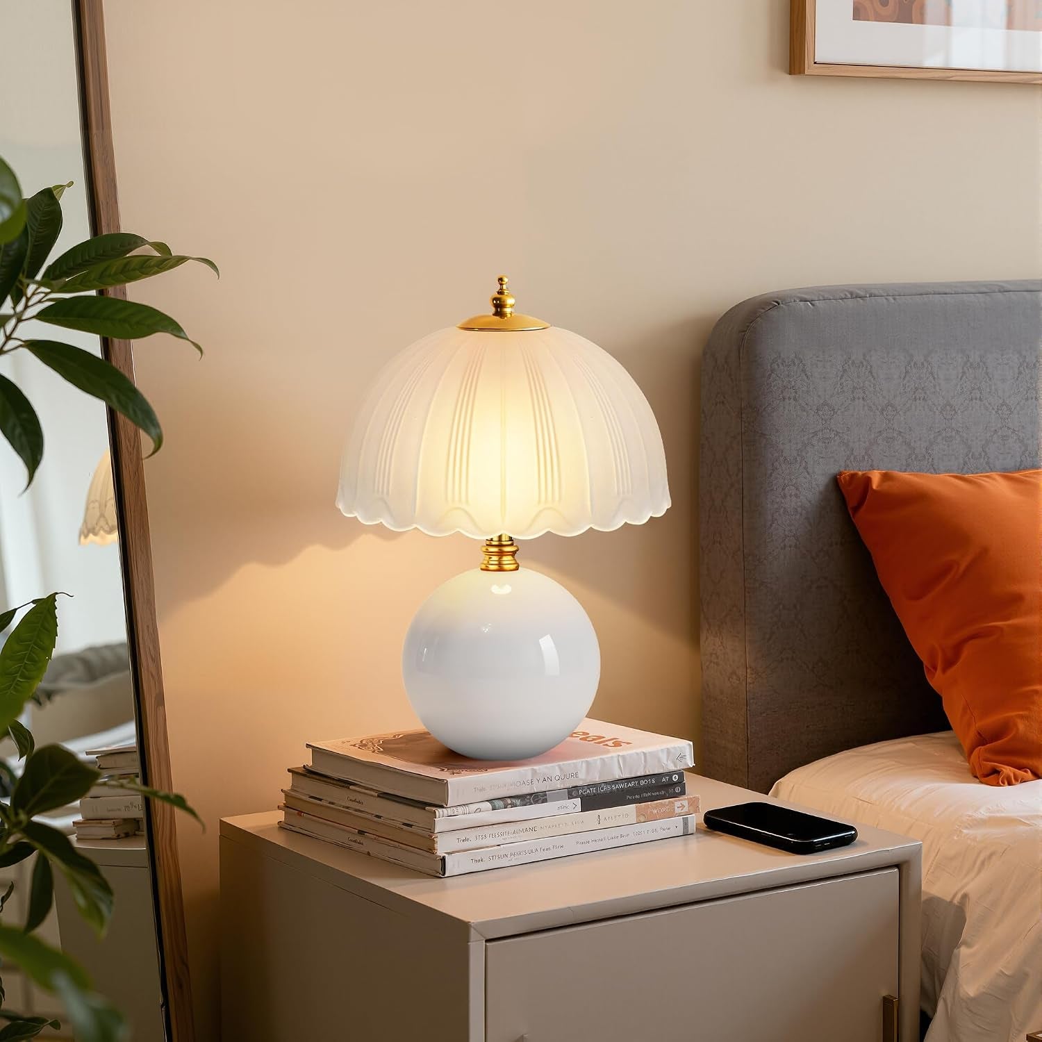 Mushroom Table Lamp, Ceramic Bedside Lamp with Glass Shade, 3-Way Lighting (2700K-5000K) Rocker Switch, Small Nightstand Lamp for Bedroom, Living Room, Office, White