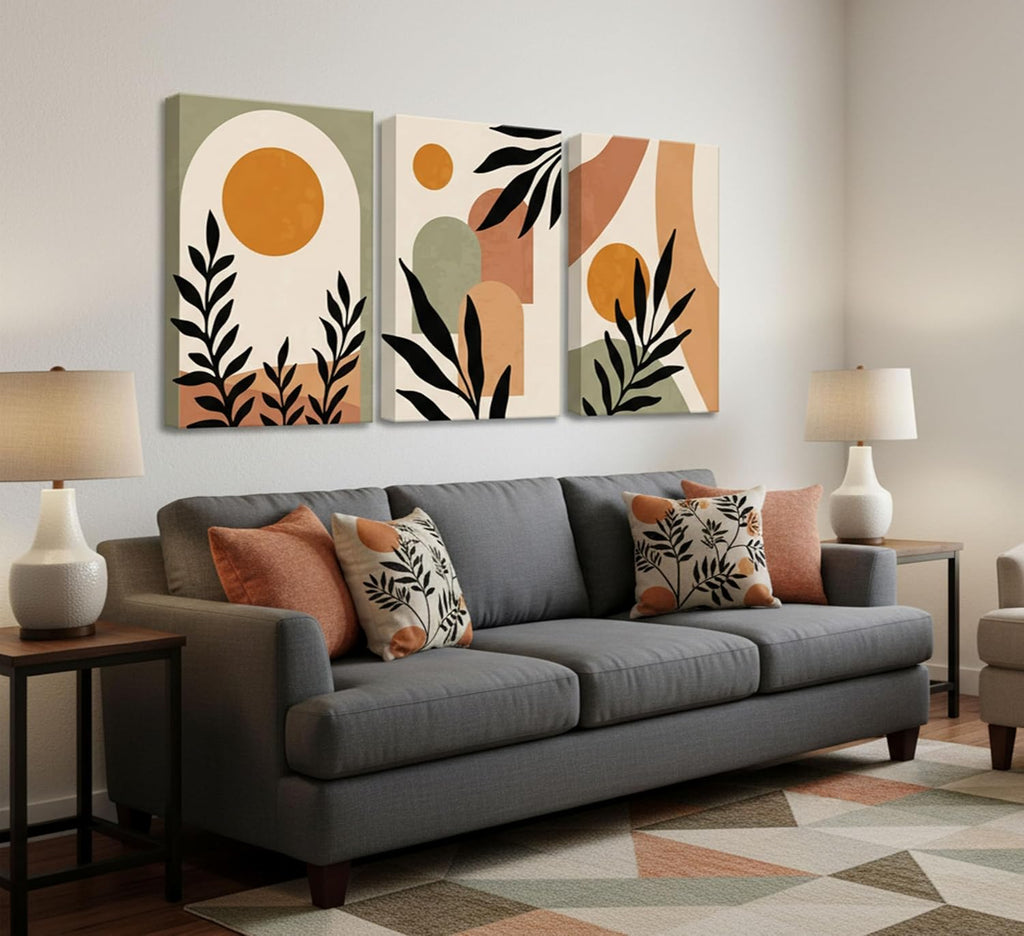3 Pcs Mid Century Modern Boho Sun Canvas Wall Art | Neutral Abstract Minimalist Bohemian Mountains Plants Picture Wall Decor Poster Prints Artwork for Bedroom Living Room Home
