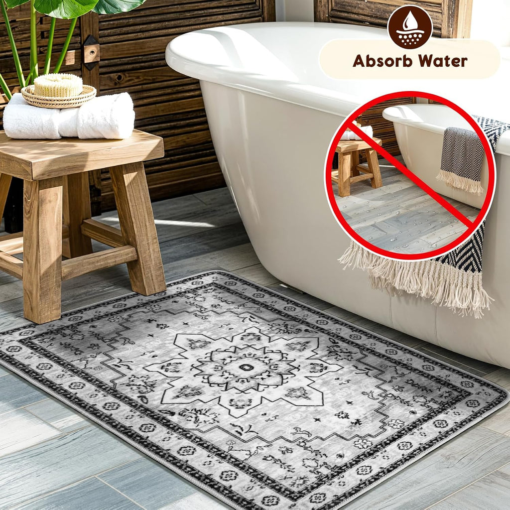 Machine Washable Rug Soft Pet Friendly Carpet 2X3 Gray | Persian Rug 2X3 for Entryway, Kitchen, Bathroom Non Slip Carpet, Foldable Stain Resistant Rugs