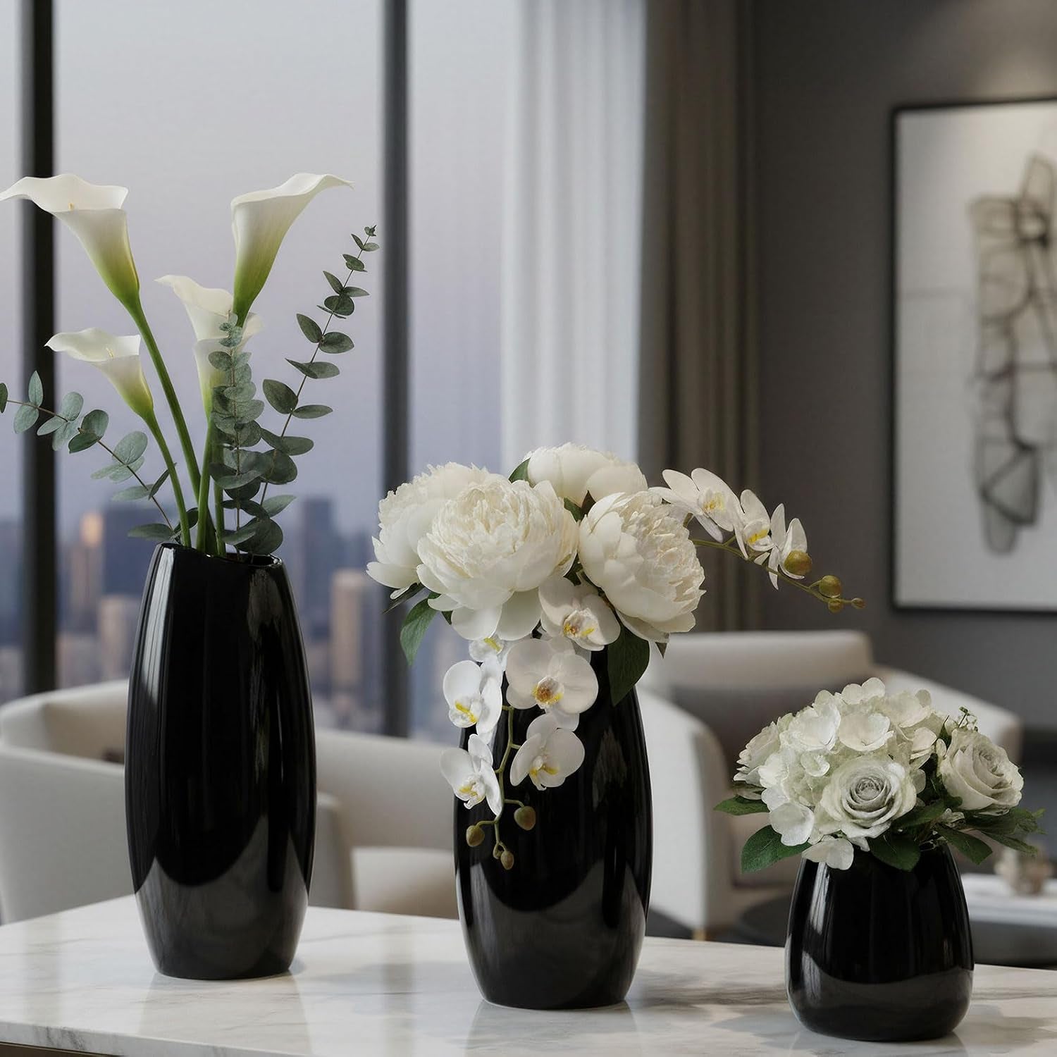 Ceramic Vase Set of 3 Black Flower Vase for Home Decor, Modern Decorative Vase for Flowers/Ideal Shelf Decor/Table/Living Room/Kitchen/Office-Black
