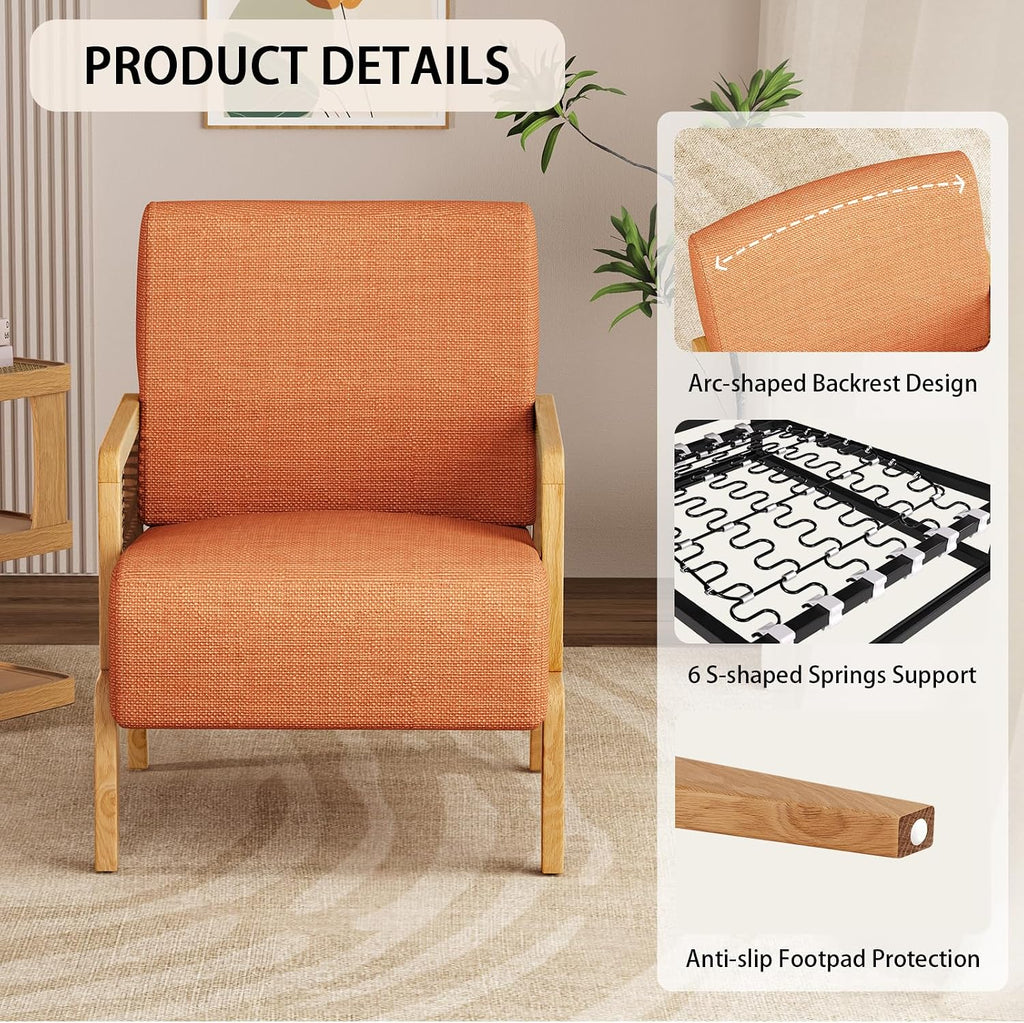 Modern Accent Chair with Rattan Armrest, Linen Fabric Arm Chair with Ash Wood Legs, Orange Accent Chair for Living Room, Bedroom, Balcony