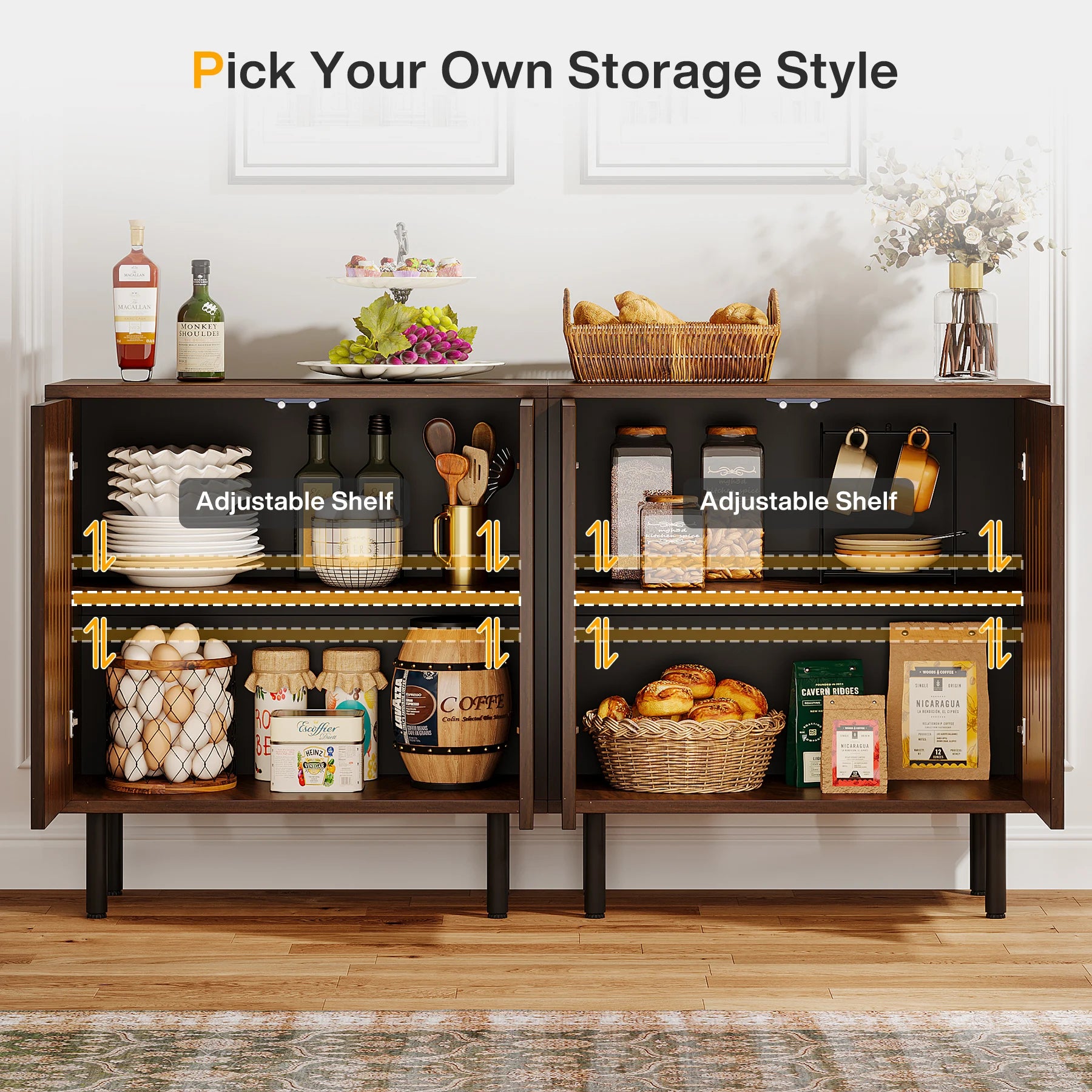 Vintage Storage Cabinet Set of 2, 59" Sideboard Buffet with Storage, Farmhouse Buffet Sideboard Cabinet with Doors
