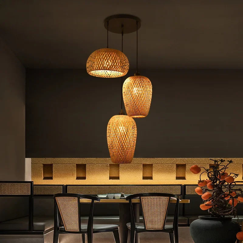 3 Pcs Lustre Rattan Wicker Lamp Shade Pendant Light Bamboo Ceiling Chandelier Set Suspended Luminaire Handmade Home Room Decor