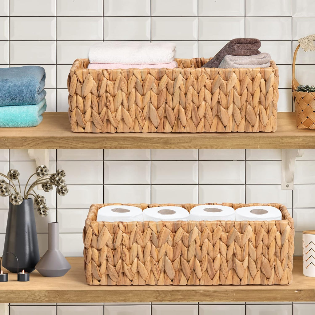 Hand-Woven Storage Baskets, Decorative Water Hyacinth Wicker Baskets for Paper Towel Organizing, 14.9"L X 6.3"W X 4.7"H, 2-Pack