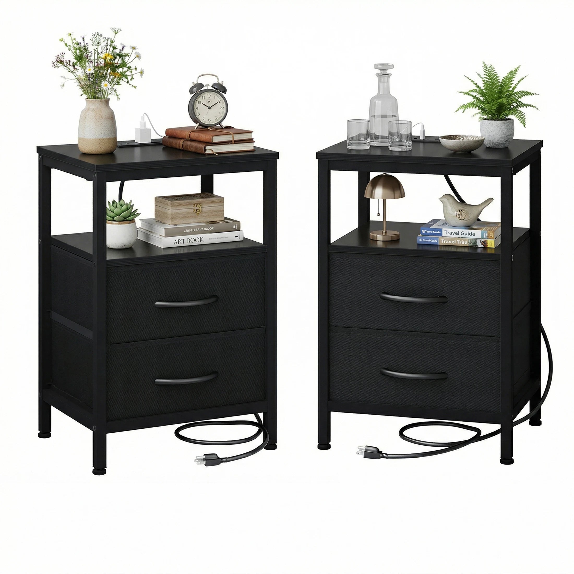 2 Fabric Drawers Nightstands Set of 2 with Open Shelf Bedside Table with USB Ports Charging Station for Living Room Bedroom