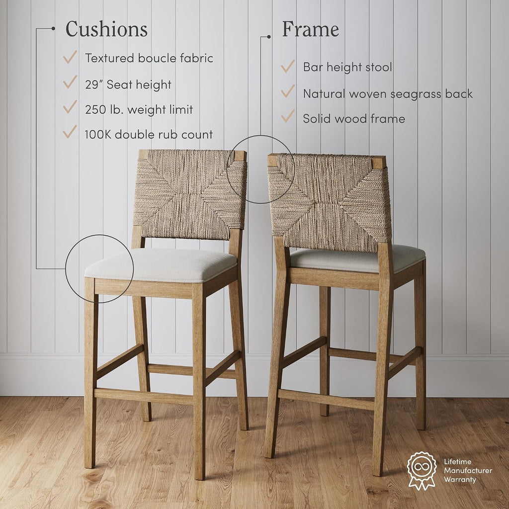 Nathan James Beacon Bohemian Boucle Bar Stool with Back, Bar Height Kitchen Island Chair, Seagrass Bar Stool, Cream Boucle/Brushed Light Brown