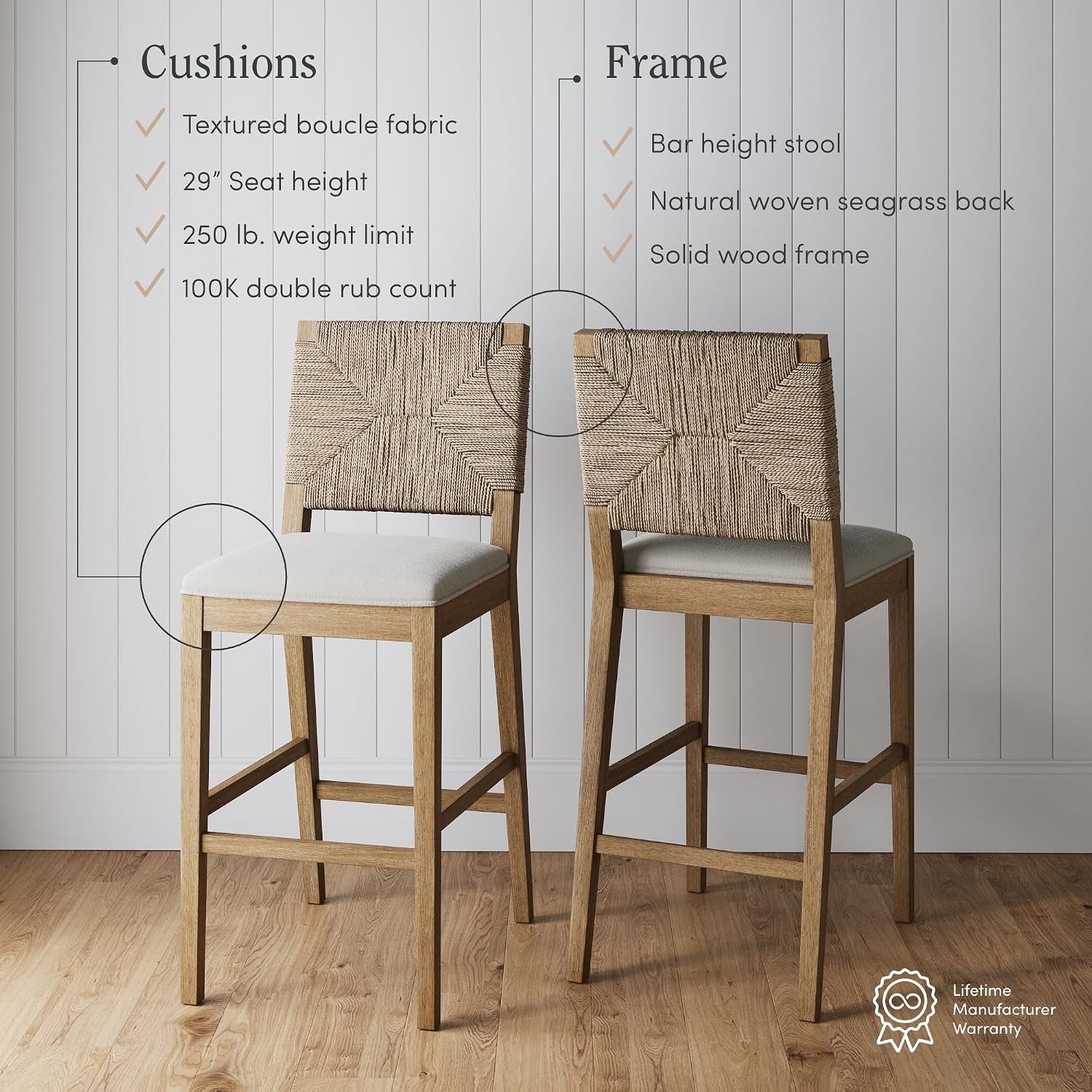 Nathan James Beacon Bohemian Boucle Bar Stool with Back, Bar Height Kitchen Island Chair, Seagrass Bar Stool, Cream Boucle/Brushed Light Brown