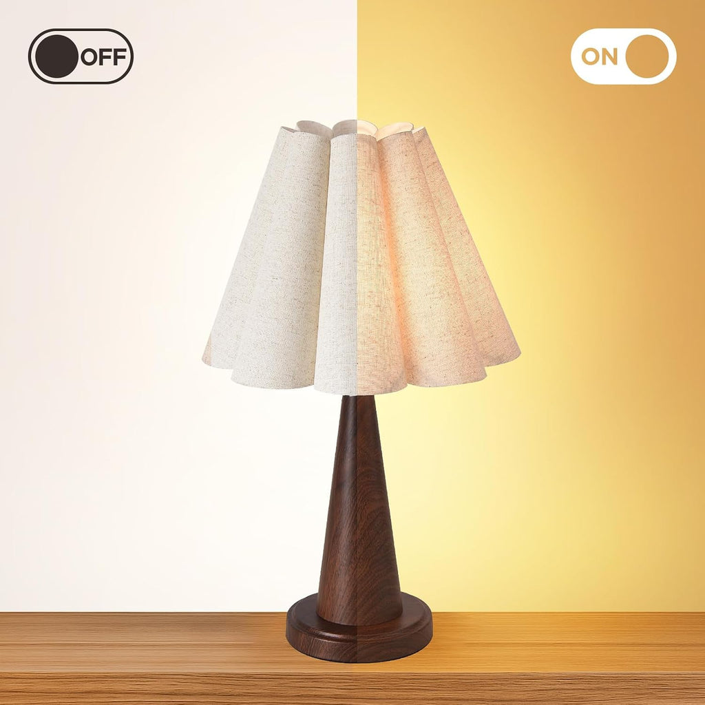 Modern Table Lamp with Petal Linen Lampshade, Dark Faux Wood Metal Base – 20.5” Bedside Nightstand Lamp for Bedroom, Living Room, Office, E26 Base, Max 60W (Bulb Not Included)