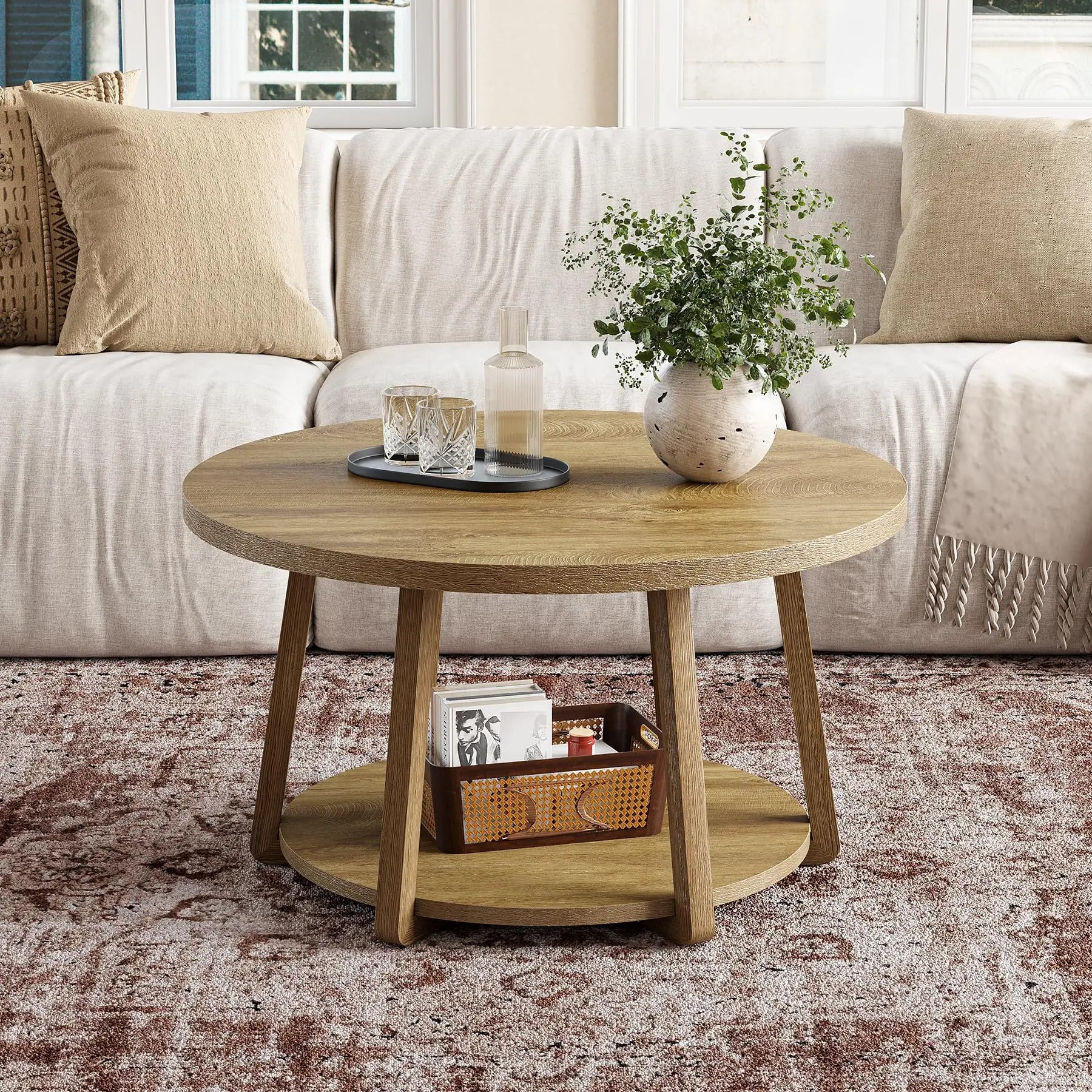 round Coffee Table, 2-Tier Center Table with Storage, Wooden Legs, for Living Room, Bedroom, Easy Assembly
