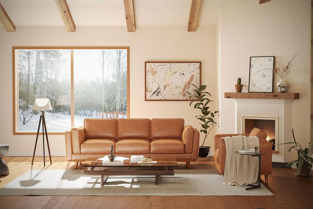 Valencia Artisan Full Leather Sofa 88” - Pure Full Italian Nappa Leather Couch, Solid Wood Accent, Ultimate Comfort, Cognac Tan