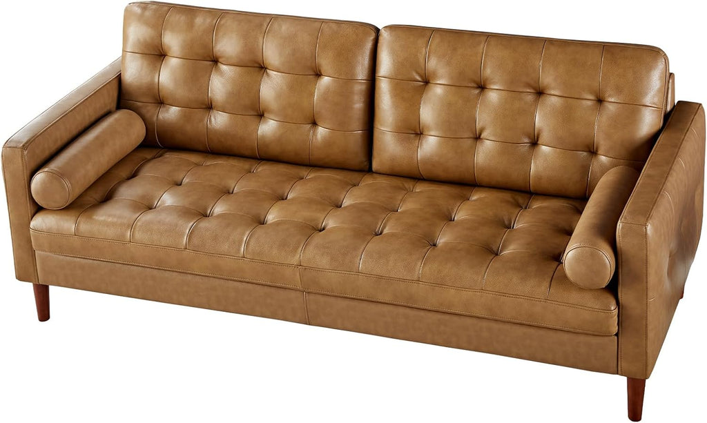 Leather Sofa, Modern Genuine Leather Sofa, 3 Seater Comfy Couch | Genuine Top Grain Leather, Mid Century Modern Sofa for Home Office & Living Room-Brown