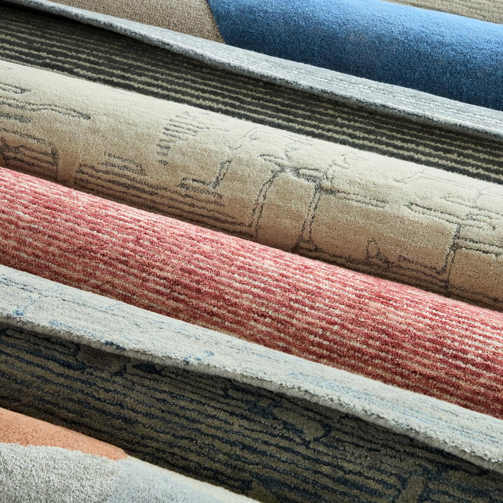 Beige and blue abstract wool area rug
