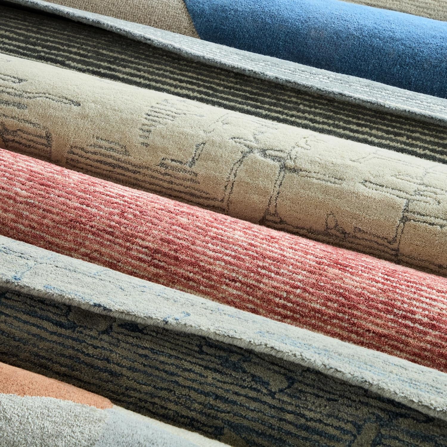 Beige and blue abstract wool area rug
