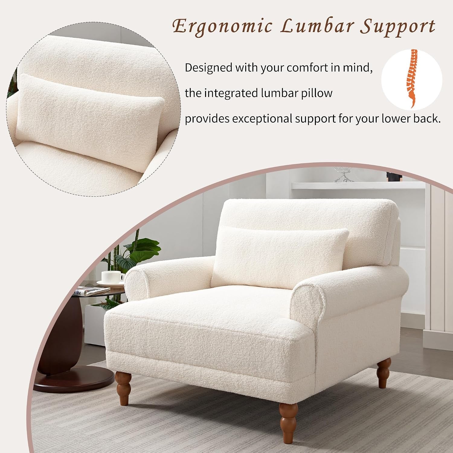 Accent Chair, Boucle Club Chair, Upholstered Lounge Chair, Large Size Armchair Roman Column Legs, Cozy Reading Single Sofa Chair for Living Room, Bedroom, Home Study, White