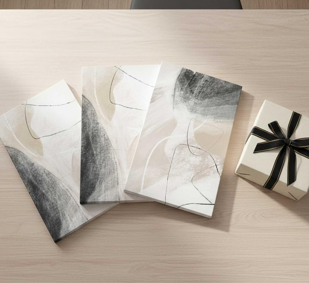 3Pcs Modern Abstract Canvas Wall Art | Neutral Minimalist Boho Beige and Black Grey Geometric Line Nordic Picture Wall Decor Poster Print Artwork for Living Room