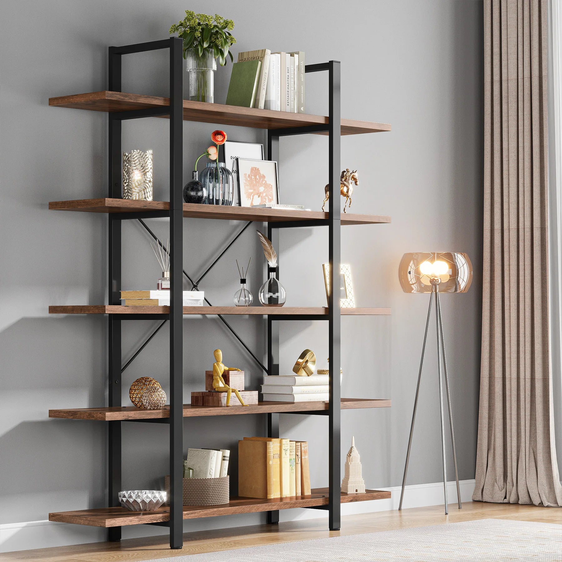 5-Tier Bookshelf, Vintage Industrial Style Bookcase 72 H X 12 W X 47L Inches
