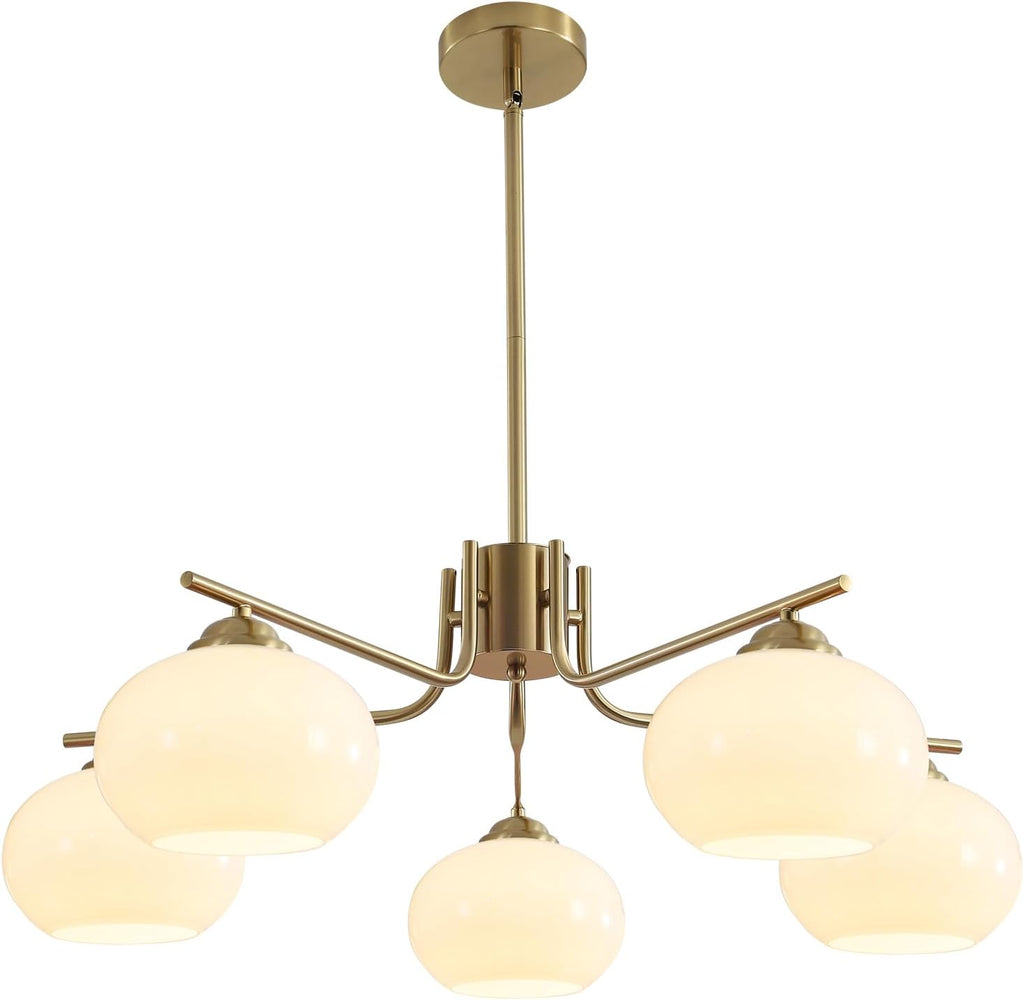 5-Light Brushed Brass Gold White Milk Glass Globe Sputnik Chandelier | 7.1” Shade, Adjustable Height, Mid Century Modern Ceiling Pendant Light Fixture for Dining Room Kitchen Living Room Bedroom