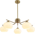 5-Light Brushed Brass Gold White Milk Glass Globe Sputnik Chandelier | 7.1” Shade, Adjustable Height, Mid Century Modern Ceiling Pendant Light Fixture for Dining Room Kitchen Living Room Bedroom