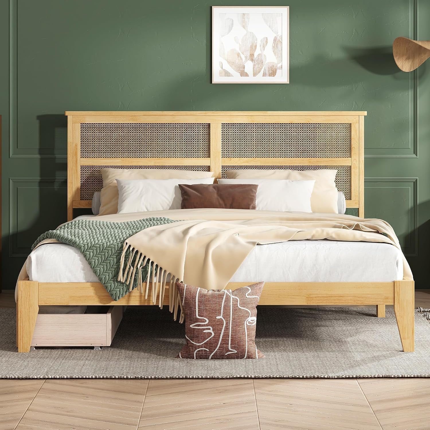 White oak rattan king bed frame