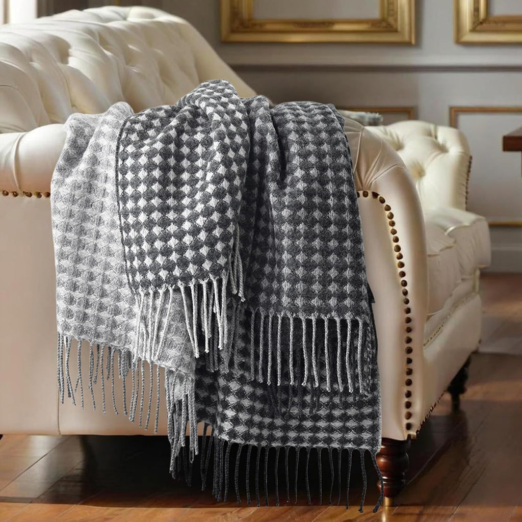 100% Wool Throw Blanket 78 X 47 Inches for Couch Sofa, Reversible Diamond Check Plaid Pattern with Fringe Soft Breathable Cozy Wool Blanket for Living Room and Bed Gray Black Multicolor