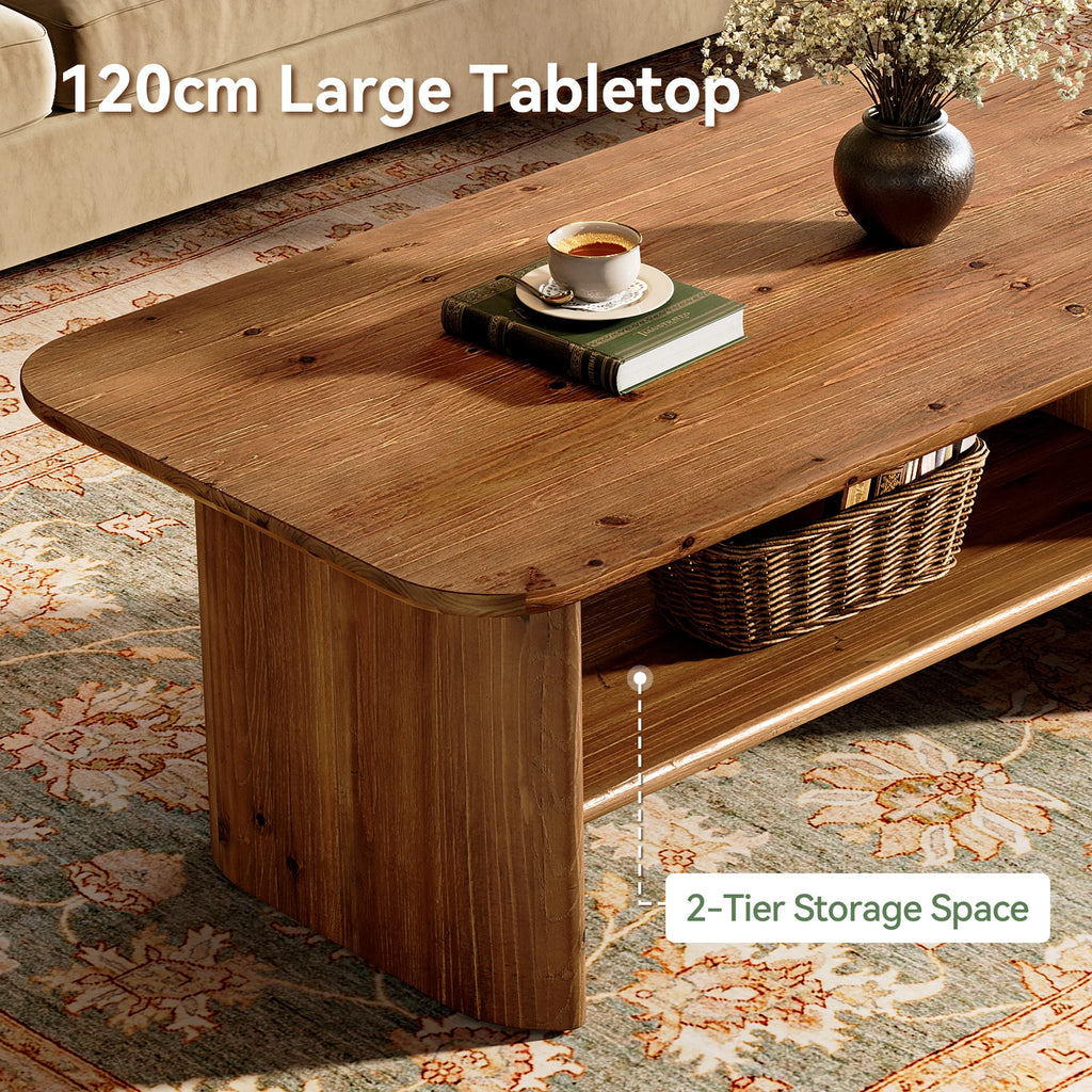Solid Wood Coffee Table for Living Room, 47.24" Rectangle Coffee Table with Storage, 2-Tier Farmhouse Center Furniture for Home, Apartment, Office, Brown