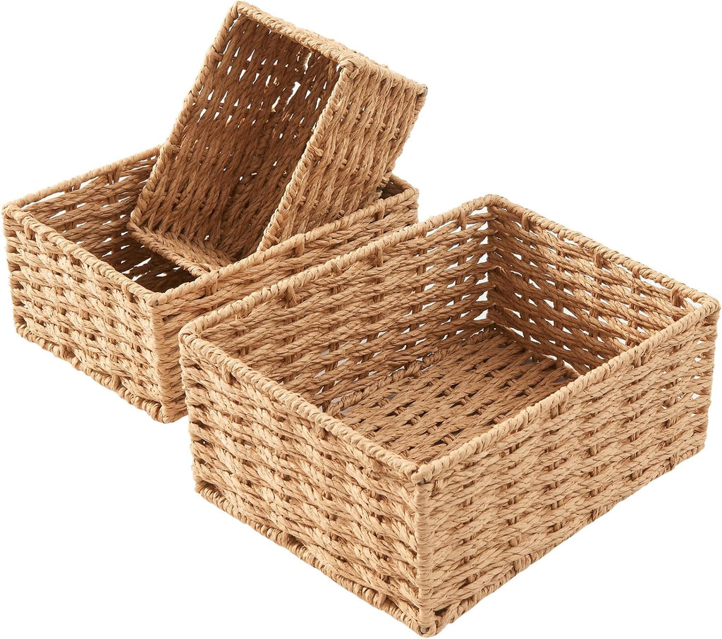 Small Wicker Basket for Organizing, Woven Storage Basket Sets of 3 | Handwoven Natural Paper Rope Baskets to Declutter Any Room, Perfect for Organizing and Home Decor