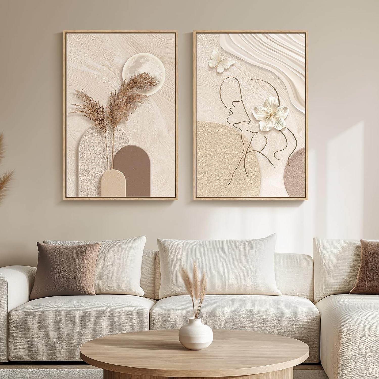 Framed Modern Neutral Beige Abstract Wall Art for Living Room, 20X30 Inch | Woman Silhouette, Canvas Prints, Large Painting, Modern Picture, Set of 2, Contemporary, Elegant Artwork, Wall Decor Bedroom