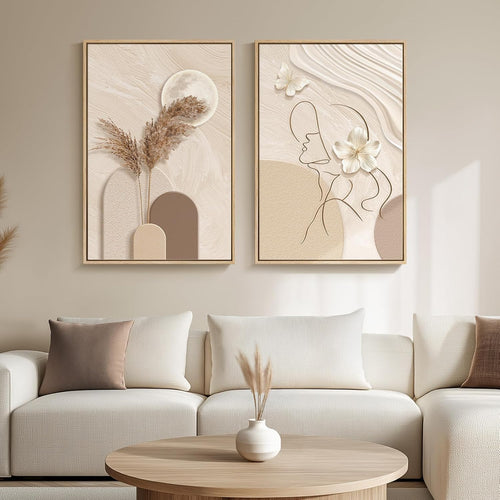 Framed Modern Neutral Beige Abstract Wall Art for Living Room, 20X30 Inch | Woman Silhouette, Canvas Prints, Large Painting, Modern Picture, Set of 2, Contemporary, Elegant Artwork, Wall Decor Bedroom