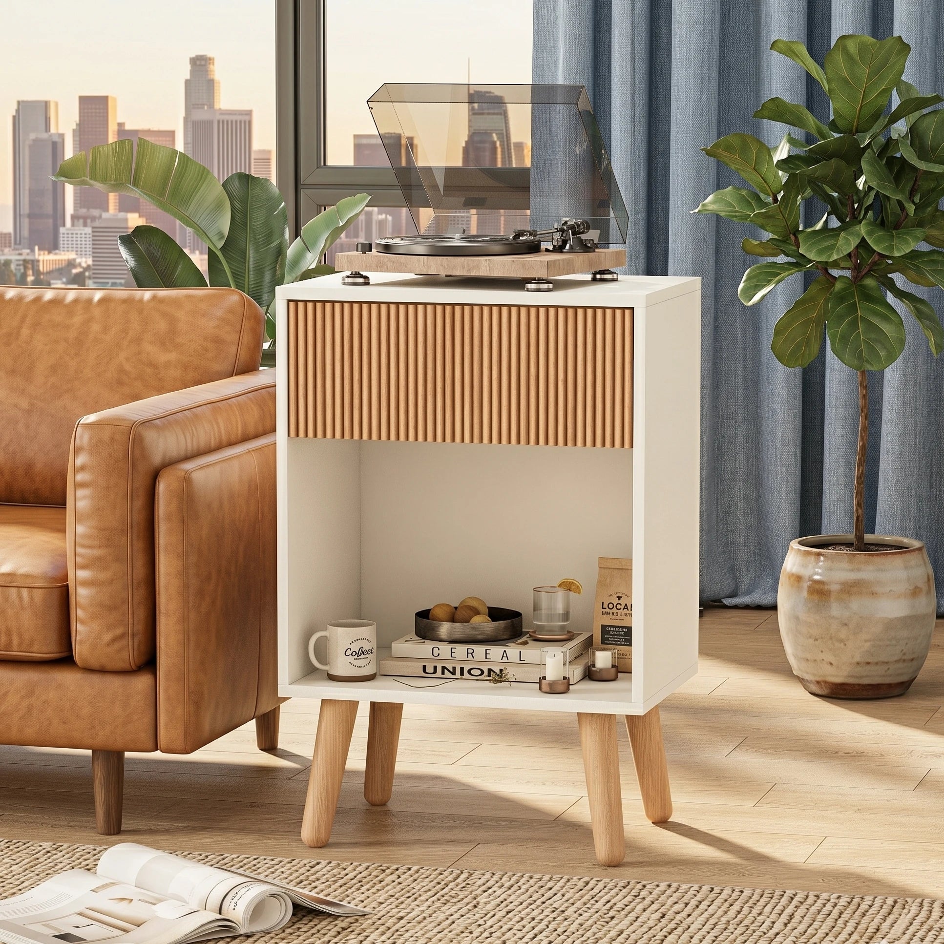 Aesthetic Fluted Nightstand Modern Bedside Table with Wood Drawer & Open Shelf | Mid-Century Room Decor
