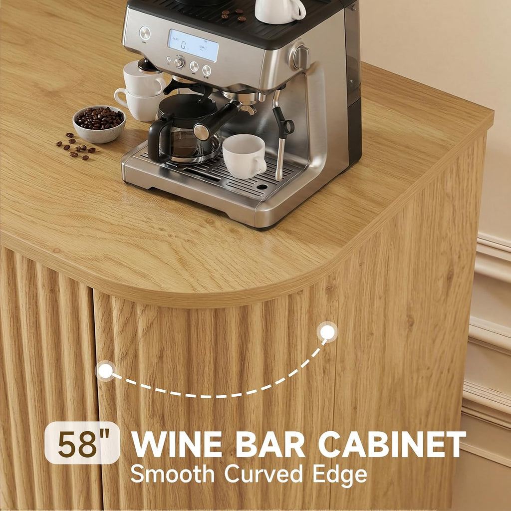Fluted Wine Bar Cabinet with Storage, 58" Buffet Sideboard Cabinet Sideboard with Wine Rack & Glass Holder, Farmhouse Wine and Coffee Bar Cabinet for Living Room, Kitchen, Natural Color