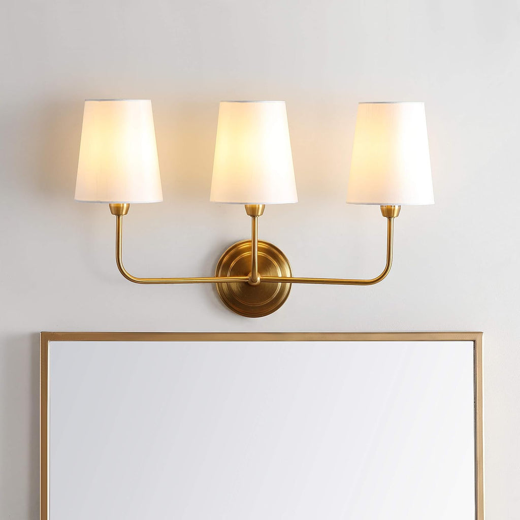 SAFAVIEH Lighting - Sawyer 3-Light 22-Inch Wall Sconce - Brass - Fabric Shade - Contemporary Design - Ideal for Vanity, Hallway, Bedroom, Bathroom - LED Bulb Included (SCN4016A)