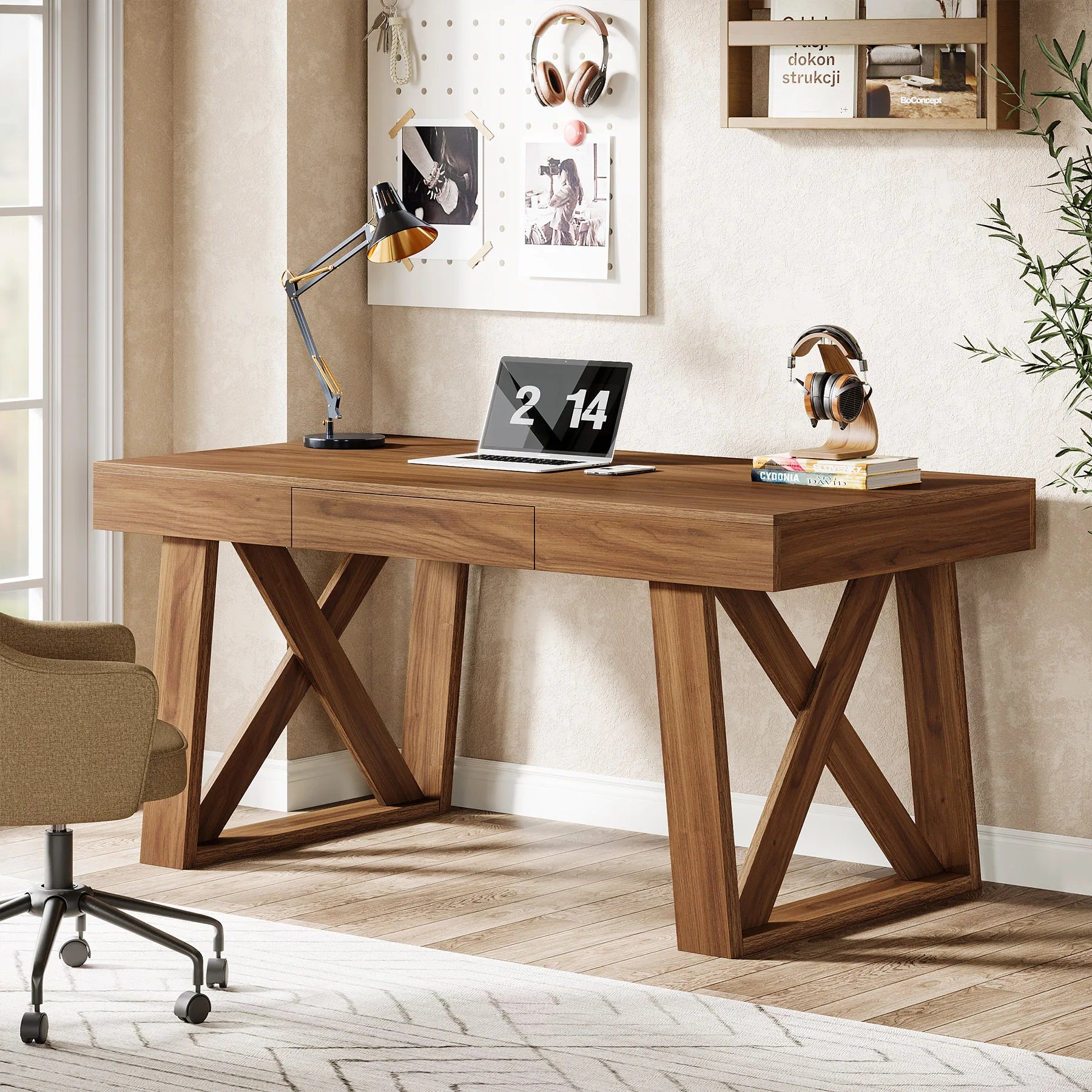 55 Inch Walnut Computer Desk with Drawer, Mid-Century Farmhouse Executive Desk, Rustic Wide Desktop Home Office Desk for Workstation