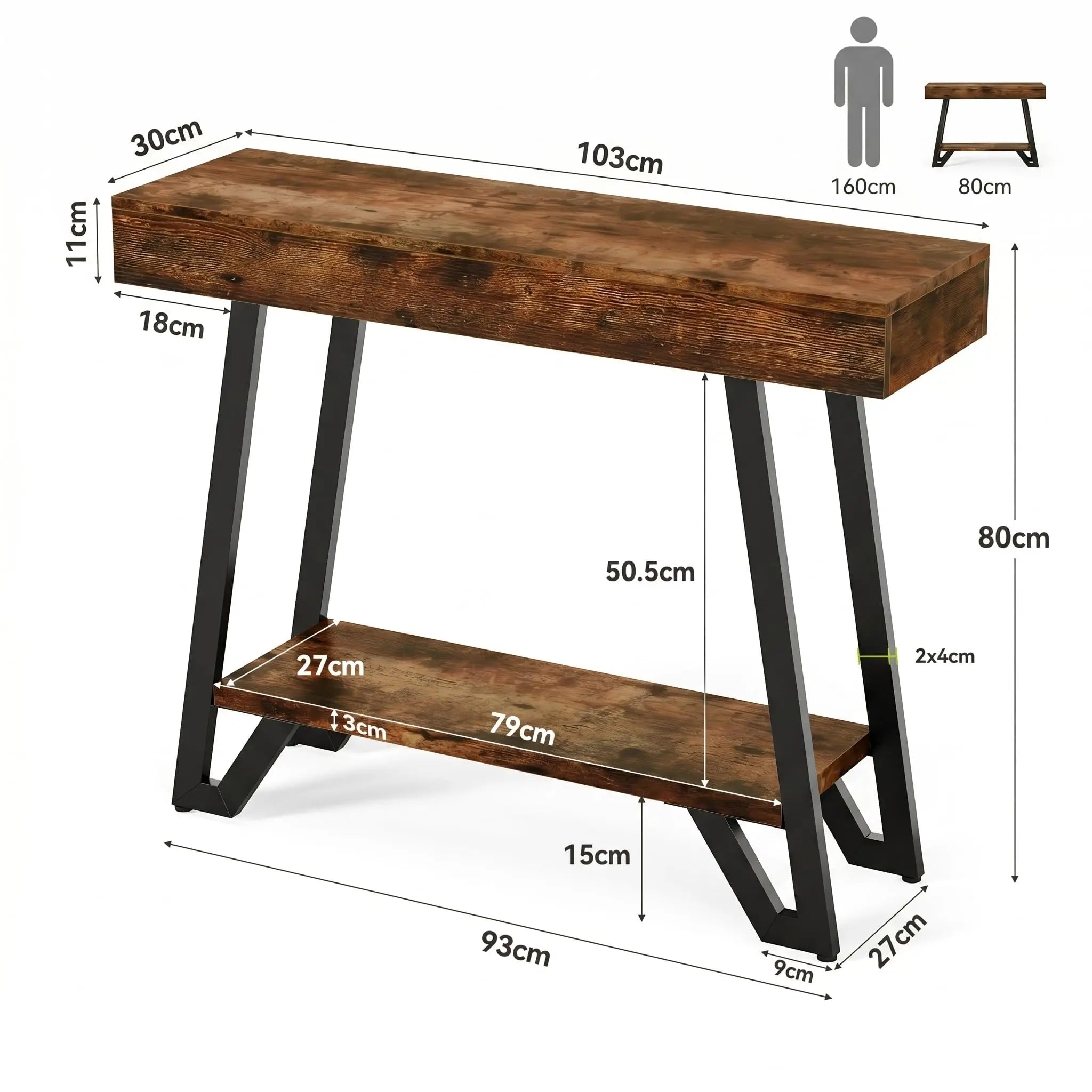 41'' Console Table with Metal Frame, 2-Tier Entryway Tables with Storage Shelves, Hallway Sofa Table for Living Room