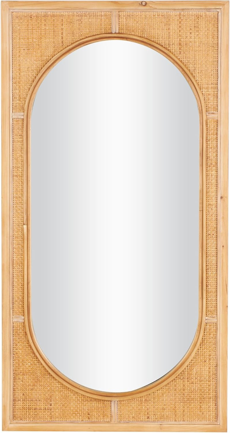 Deco 79 Rattan Room Wall Mirror Entryway Mirror with Oval Center, Wall Mounted Mirror 22" X 1" X 42", Brown